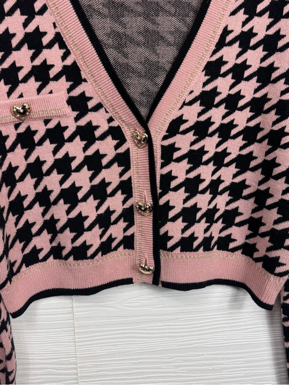 Assignment Carly Pink & Black Houndstooth Cropped Cardigan Heart Clueless - Picture 4 of 9